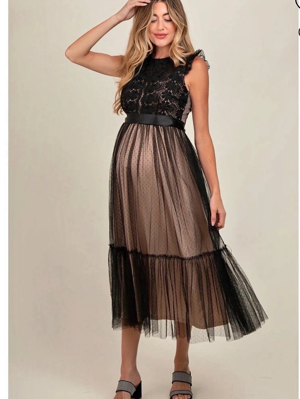 PinkBlush Black Lace Contrast Tulle Maternity Maxi Dress Midi Dress
